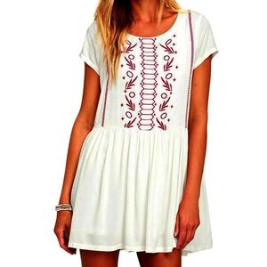 Lulu's Crush-Worthy Ivory Embroidered Babydoll Dress with red - Small